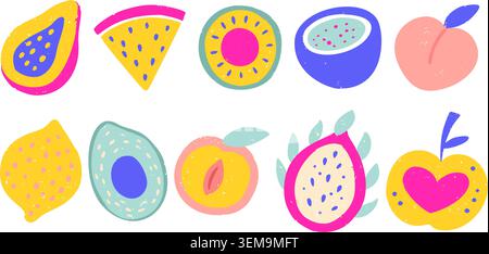 Set estivo di frutta tropicale Papaya Kiwi anguria di cocco pesca di limone avocado Dragonfruit Apple Vector Playful Collection Illustrazione Vettoriale