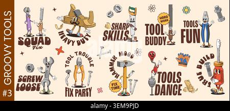 Adesivi Y2K Groovy funky Repair e utensili fai da te con personaggi dei cartoni animati trippy, etichette vettoriali. Adesivi Y2K con martello scanalato e divertente cacciavite, chiave per chiave e sega hippie con sorriso sulla faccia Illustrazione Vettoriale