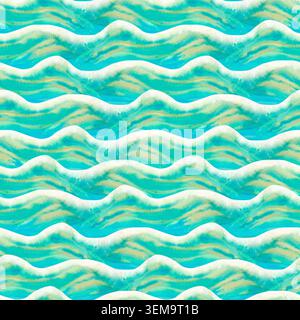 Motivo dinamico senza cuciture con onda acquerellata in toni turchesi e blu. Design dipinto a mano ispirato dall'oceano con movimento costiero fluente per tessuti Foto Stock