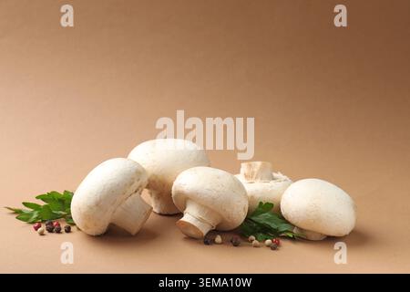 Funghi champignon freschi, prezzemolo e grani di pepe su sfondo marrone chiaro Foto Stock
