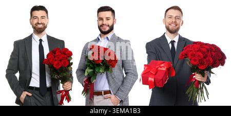 Uomini con mazzi di rose rosse. Collezione di ritratti su sfondo bianco Foto Stock