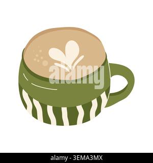 Tazza a strisce in ceramica con cappuccino e latte art a forma di cuore Illustrazione Vettoriale