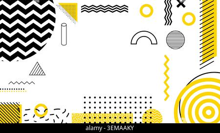 Design Memphis astratto con elementi geometrici gialli e neri giocosi su bianco, ideale per layout web creativi, presentazioni moderne, poster e branding digitale alla moda Foto Stock
