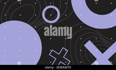 Scena astratta dinamica con cerchi fluttuanti e croci in blu profondo su uno spazio scuro come sfondo, creando un'atmosfera geometrica futuristica Foto Stock