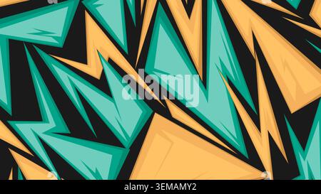 Sfondo vibrante astratto con audaci frammenti a forma di fulmine in tonalità verde, giallo e blu, che donano un impatto visivo urbano energico in stile pop art graffiti Foto Stock
