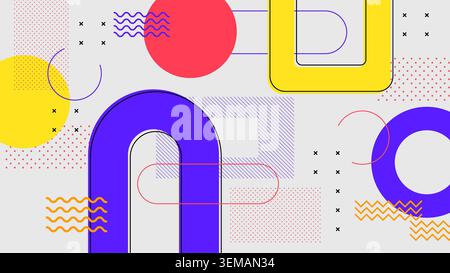 Sfondo astratto in stile Memphis moderno con audaci forme geometriche in rosso, giallo e viola. Perfetto per il branding creativo, i poster e i progetti digitali Foto Stock
