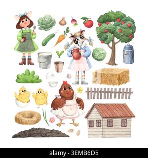 Set Clipart Acquerello fattoria con animali ed elementi da giardino Foto Stock