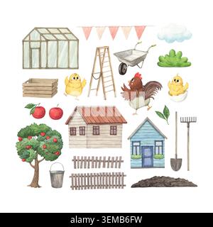 Una serie di illustrazioni ad acquerello su un tema di fattoria con una famiglia di polli e un giardino Foto Stock