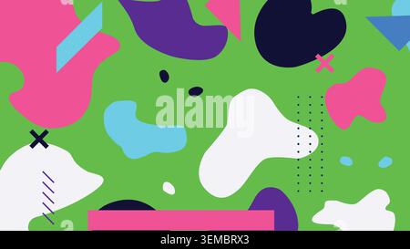 Sfondo astratto colorato con forme audaci nei toni rosa, verde e blu. Accattivante composizione in stile Memphis per progetti di design Illustrazione Vettoriale