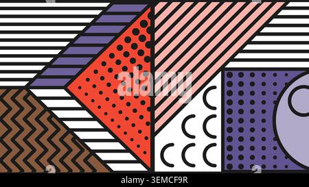 Design geometrico astratto con linee, punti e forme audaci in rosso, viola e marrone, perfetto per sfondi moderni Illustrazione Vettoriale