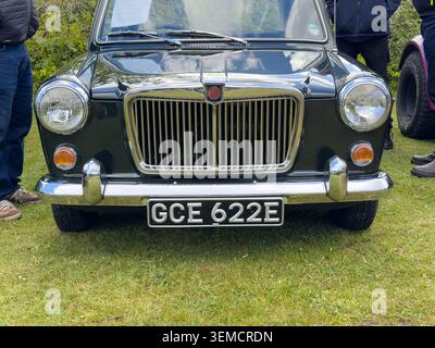 Vista frontale di una classica berlina MG 1100 del 1967 parcheggiata sull'erba durante un rally all'aperto di veicoli d'epoca nel Regno Unito Foto Stock