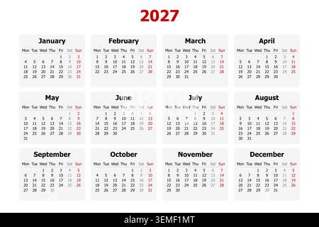 Illustrazione vettoriale del calendario inglese per l'anno 2027. Lunedì come primo giorno della settimana Foto Stock