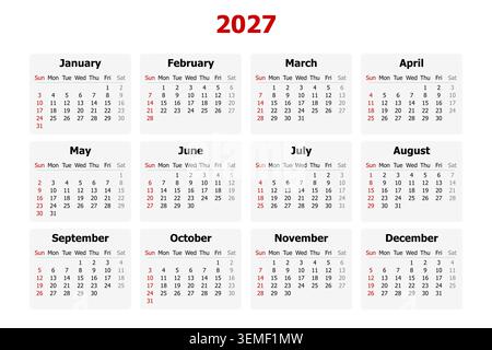 Illustrazione vettoriale del calendario inglese per l'anno 2027. Domenica come primo giorno della settimana Foto Stock
