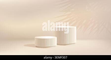 Beige bg prodotto podio, rivestimento in morbida ombra vegetale. Piattaforma in marmo 3d in cremoso studio, gobo di palme. Elegante colonna scanalata bianca, cilindro Illustrazione Vettoriale