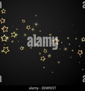 Stelle scintillanti sparse in modo casuale, volando, cadendo giù, fluttuando. Concetto di festa di Natale. Illustrazione vettoriale Festive Stars su sfondo nero. Illustrazione Vettoriale