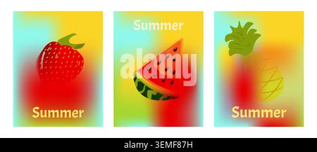 Poster estivo sfumatura colorata astratta e sfondo a rete con elementi di frutta. Progettare post sui social media, landing page e app. Illustrazione vettoriale. Illustrazione Vettoriale