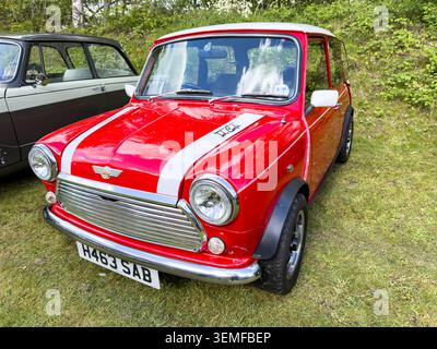 Mini Cooper classica rossa e bianca parcheggiata sull'erba in una mostra di auto d'epoca all'aperto nel Regno Unito Foto Stock