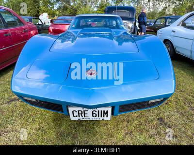 Vista frontale di una classica Chevrolet Corvette C3 blu parcheggiata sull'erba durante una mostra di auto all'aperto Foto Stock