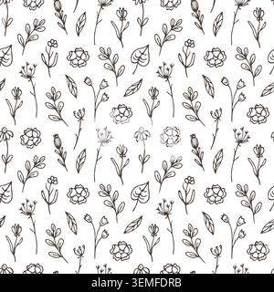 Motivo senza cuciture con fiori e foglie disegnati a mano. Stampa floreale con fiori selvatici e vegetazione. Semplice schizzo di design per carta da parati, carta da imballaggio, inviti di nozze, imballaggi ecologici. Illustrazione Vettoriale