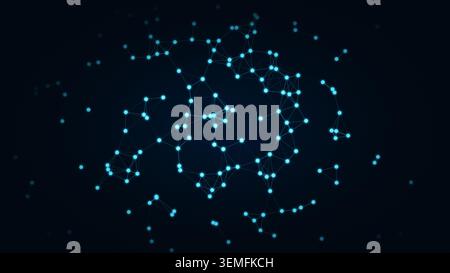 Collegamento di particelle di colore azzurro o punti cibernetici su sfondo blu scuro. Rete futuristica astratta per la presentazione tecnologica Foto Stock