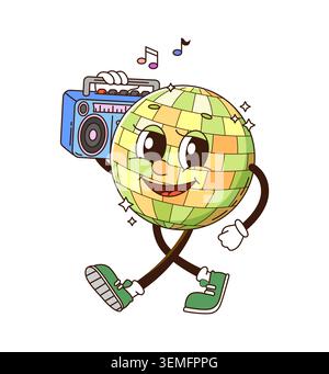 Cartoni animati funky groove green disco ball hippie character. Musica da ballo hippie allegro personaggio o funky mascotte vettoriale. Una discoteca verde che cammina con un lettore di cassette stereo Illustrazione Vettoriale