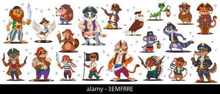 Personaggi dei pirati animati, personaggi vettoriali dell'equipaggio della nave corsara con cappelli da capitano, occhielli neri e bandiere. Divertenti corsari di tigre, leoni, lupi e ratti, gabbiano e panda Illustrazione Vettoriale