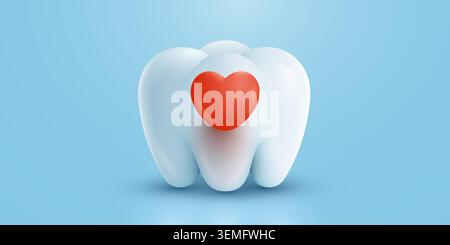 Un dente 3D con un'icona a forma di cuore rossa che simboleggia la cura dentale, la salute e l'igiene. Illustrazione vettoriale. Illustrazione Vettoriale