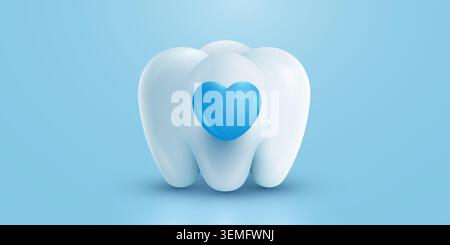 Rendering 3D di un dente sano con un cuore blu. Igiene orale e dentale. Illustrazione vettoriale Illustrazione Vettoriale