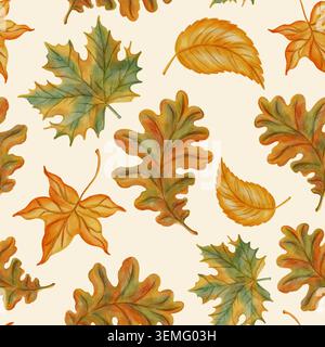 Acquerello senza cuciture motivo di foglie autunnali. Sfondo disegnato a mano con fogliame di acero colorato e quercia. Calda texture autunnale perfetta per i decori scolastici Foto Stock