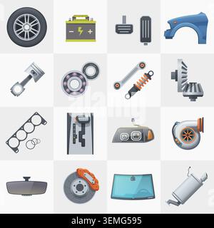 Icona parti di ricambio automatiche piatta in set Illustrazione Vettoriale