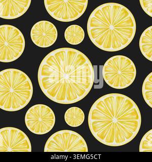 Motivo ad acquerello senza cuciture con fette di limone giallo brillante. Le illustrazioni botaniche estive disegnate a mano sono perfette per tessuti, carta da parati e imballaggi Foto Stock