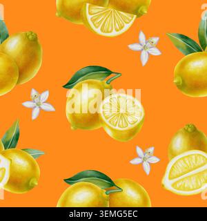 Acquerello senza cuciture con fette di limone, frutta intera e fiori. Illustrazione botanica disegnata a mano per tessuti, tessuti, carta da parati e me Foto Stock