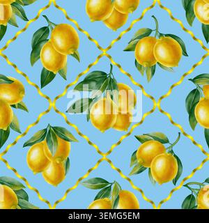 Acquerello senza cuciture con limoni e foglie verdi. Illustrazione botanica disegnata a mano per tessuti, tessuti, carta da parati e stile mediterraneo de Foto Stock