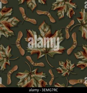 Un motivo senza cuciture disegnato a mano con foglie e semi d'acero in tonalità autunnali. Natura morta autunnale. Illustrazione per bambini. Adatto per libri, Foto Stock