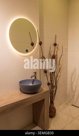 Bagno dal design contemporaneo con specchio retroilluminato circolare e console in legno Foto Stock