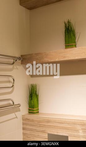 Il bagno è arredato in stile contemporaneo e presenta un accento di erba artificiale e finiture in legno Foto Stock