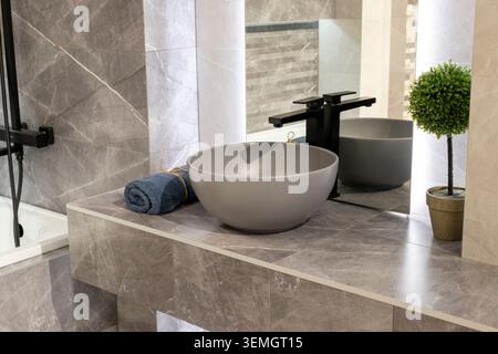 Bagno dal design contemporaneo con doccia a pioggia nera e lavandino Foto Stock