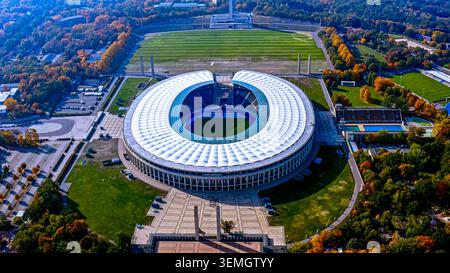 Vista aerea in 4K dell'Olympiastadion di Berlino, sede dei Giochi Olimpici del 1936, fogliame autunnale all'Olympiapark, Berlino, Germania Foto Stock