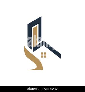Logo astratto dell'edificio con un'elegante linea in Swoosh dorato. Illustrazione Vettoriale