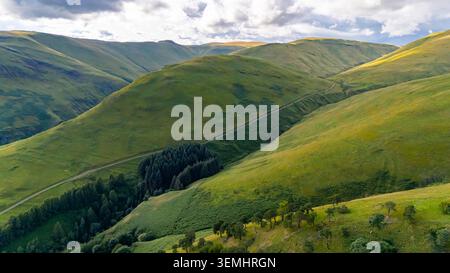 Vista sopraelevata delle Ochil Hills in Scozia, con dolci pendii verdi, foreste lussureggianti e il paesaggio panoramico che si estende attraverso le colline unde Foto Stock