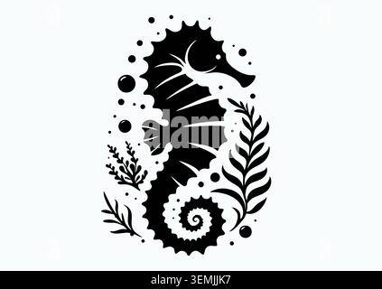 Un cavalletto marino (Hippocampus), icona vettoriale con silhouette in bianco e nero, logo con illustrazione piatta, clipart, icona, simbolo, volantino, pittogramma, tatuaggio isolato su li Illustrazione Vettoriale