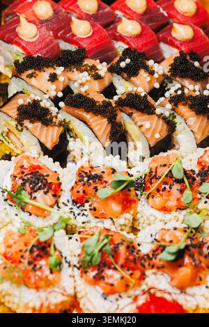 Vari sushi roll e pezzi di sashimi sono disposti ordinatamente su un piatto. Il sushi include tonno, salmone e condimenti come il caviale. Questo display è fo Foto Stock
