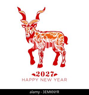 Capra rossa stilizzata con ornamento vegetativo. Simbolo del nuovo anno 2027 per Web design, packaging, adesivi, post sui social media, merchandising Illustrazione Vettoriale