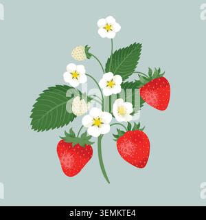 Mazzo di fragole con frutti di bosco e fiori. Illustrazione vettoriale in stile piatto. Illustrazione Vettoriale
