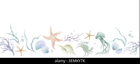 Acquerello marino bordo senza cuciture, vita subacquea dell'oceano ripetizione con meduse, granchi, stelle marine, conchiglia, alghe marine, clipart corallino. EPS vettoriale. Illustrazione Vettoriale