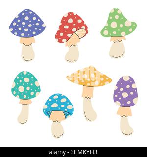 Collezione di sgabelli colorati di varie forme. Illustrazioni piatte disegnate a mano. Elementi vettoriali isolati su sfondo bianco. Illustrazione Vettoriale
