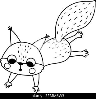Scoiattolo Vector in bianco e nero che salta su sfondo bianco. Divertente clipart di linea. Simpatico animale della foresta per i bambini. Delineare il bosco e. Illustrazione Vettoriale