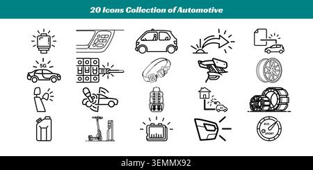 Una serie diversificata di 20 semplici icone disegnate a linee che rappresentano vari elementi, strumenti e concetti relativi al settore automobilistico e al veicolo per un facile utilizzo nei progetti Illustrazione Vettoriale