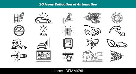 Una serie diversificata di 20 icone vettoriali stilizzate che illustrano vari temi automobilistici, tra cui parti di ricambio per auto, strumenti di manutenzione e caratteristiche del veicolo. Perfec Illustrazione Vettoriale