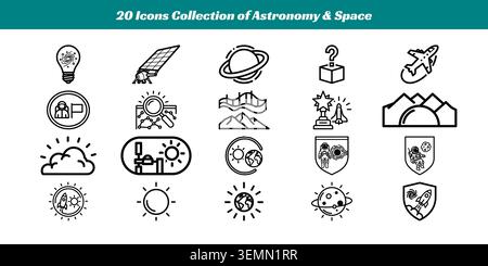 Una serie di 20 icone di linea semplici e pulite che rappresentano astronomia, esplorazione spaziale, pianeti, razzi ed elementi celesti in bianco e nero. Illustrazione Vettoriale